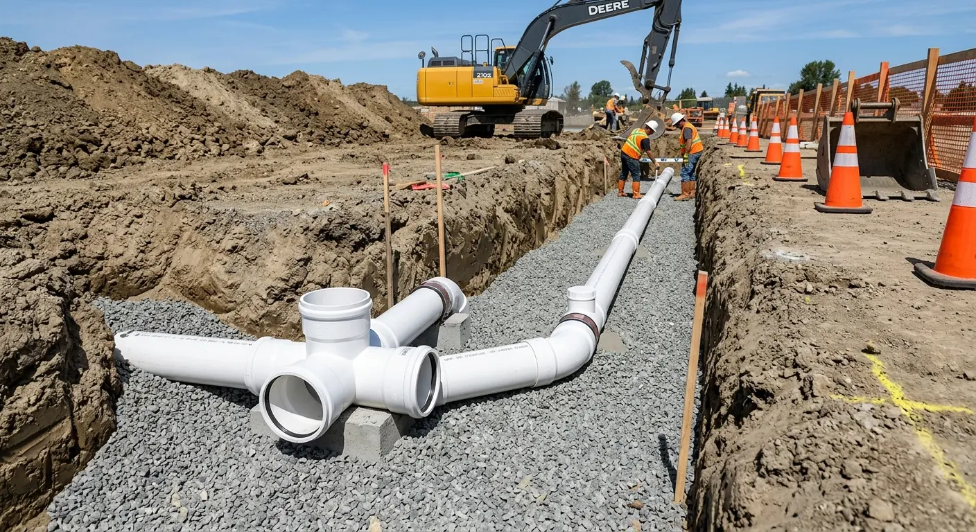 New PVC sewer pipe installation in open trench for Sewer Backup in Bay Point